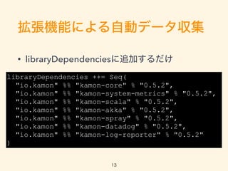 CܤˤԄӥǩ`
? libraryDependencies׷Ӥ
libraryDependencies ++= Seq(
"io.kamon" %% "kamon-core" % "0.5.2",
"io.kamon" %% "kamon-system-metrics" % "0.5.2",
"io.kamon" %% "kamon-scala" % "0.5.2",
"io.kamon" %% "kamon-akka" % "0.5.2",
"io.kamon" %% "kamon-spray" % "0.5.2",
"io.kamon" %% "kamon-datadog" % "0.5.2",
"io.kamon" %% "kamon-log-reporter" % "0.5.2"
)
13
 