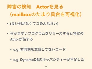ϺΗ֪?ActorҊ
mailboxΤޤߺϤҕ
? (ʤƤʤ)
? Τޤץ`ض
Actorԑޤ
? e.g. ͬڤRƤʤ`
? e.g. DynamoDBΥѥƥ`㤷
24
 