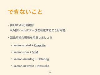 Ǥʤ
? (GUIˤ)ҕ?
ⲿĩ`˥ǩ`ܞͤ뤳ȤϿ
? e;ҕh⤷ޤ礦
? kamon-statsd + Graphite
? kamon-spm + SPM
? kamon-datadog + Datadog
? kamon-newrelic + Newrelic
9
 