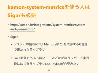 kamon-system-metricsを使う人は
Sigarも必要
• http://kamon.io/integrations/system-metrics/system-
and-jvm-metrics/
• Sigar
• システムの情...