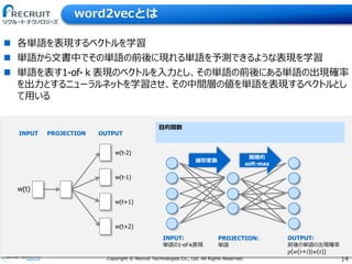 14Copyright &copy; Recruit Technologies Co., Ltd. All Rights Reserved.
word2vecとは
 各単語を表現するベクトルを学習
 単語から文書中でその単語の前後に現れる単語を予測できるような表現を学習
 単語を表す1-of-ｋ表現のベクトルを入力とし、その単語の前後にある単語の出現確率
を出力とするニューラルネットを学習させ、その中間層の値を単語を表現するベクトルとし
て用いる
w(t)
w(t-1)
w(t+1)
w(t+2)
w(t-2)
INPUT PROJECTION OUTPUT
INPUT:
単語の1-of-k表現
PROJECTION:
単語
線形変換
階層的
soft-max
OUTPUT:
前後の単語の出現確率
𝑝(𝑤(𝑡+𝑖)|𝑤(𝑡))
目的関数
 