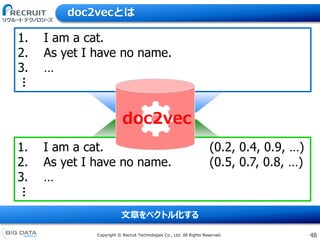 48Copyright &copy; Recruit Technologies Co., Ltd. All Rights Reserved.
doc2vecとは
文章をベクトル化する
1. I am a cat.
2. As yet I have no name.
3. &hellip;
&hellip;
1. I am a cat. (0.2, 0.4, 0.9, &hellip;)
2. As yet I have no name. (0.5, 0.7, 0.8, &hellip;)
3. &hellip;
&hellip;
doc2vec
 