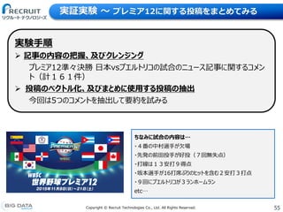 55Copyright &copy; Recruit Technologies Co., Ltd. All Rights Reserved.
実証実験 〜 プレミア12に関する投稿をまとめてみる
ちなみに試合の内容は&hellip;
・４番の中村選手が欠場
・先発の前田投手が好投（７回無失点）
・打線は１３安打９得点
・坂本選手が16打席ぶりのヒットを含む２安打３打点
・９回にプエルトリコが３ランホームラン
etc&hellip;
実験手順
 記事の内容の把握、及びクレンジング
プレミア12準々決勝 日本vsプエルトリコの試合のニュース記事に関するコメン
ト（計１６１件）
 投稿のベクトル化、及びまとめに使用する投稿の抽出
今回は5つのコメントを抽出して要約を試みる
 