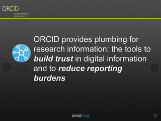 ORCID provides plumbing for
research information: the tools to
build trust in digital information
and to reduce reporting
burdens
orcid.org 12
 