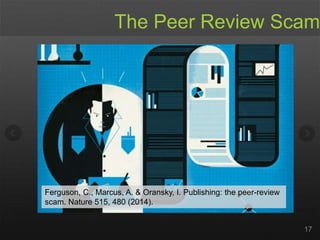17
The Peer Review Scam
Ferguson, C., Marcus, A. & Oransky, I. Publishing: the peer-review
scam. Nature 515, 480 (2014).
 