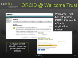 orcid.org 22
ORCID @ Wellcome Trust
Add your ORCID
identifier during the
grant application
process
Wellcome Trust
has integrated
ORCID iDs into its
eGrants
application
system.
 