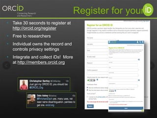• Take 30 seconds to register at
http://orcid.org/register
• Free to researchers
• Individual owns the record and
controls privacy settings
• Integrate and collect iDs! More
at http://members.orcid.org
Register for your
 