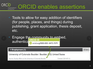 ORCID enables assertions
orcid.org 9
• Tools to allow for easy addition of identifiers
(for people, places, and things) during
publishing, grant application, thesis deposit,
etc.
• Engage the community to embed,
authenticate, and assert
 