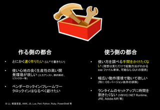 作る側の都合 使う側の都合
• とにかく速く作りたい (LL※で書きたい)
• 使い心地の良く生産性の高い開
発環境が欲しい (入力アシスト、静的解析、
リファクター等)
• ベンダーロックイン/フレームワー
クロックインはなるべく避けたい
• 使い方を調べる手間をかけたくな
い (理想は見ただけで起動方法がわかる
exe ファイル単体、可能なら GUI の提供)
• 幅広い動作環境で動いて欲しい
(特に OS バージョン依存の排除)
• ランタイムのセットアップに時間を
割きたくない (VB/VC/.NET Runtime,
JRE, Adobe AIR 等)
※ LL: 軽量言語。AWK, JS, Lua, Perl, Python, Ruby, PowerShell 等
 