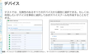 デバイス
テストでは、互換性のあるすべてのデバイスから個別に選択できる。もしくは、
利利⽤用したいデバイスを事前に選択しておきデバイスプールを作成することもで
きる。
注意）デフォルトでは数個の試⽤用デバイスしか利利⽤用できない。すべてのデバイスを利利⽤用するには申請が必要。
 