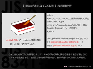 19
【  意味が通じなくなる例  】表示順変更
ウィンドウサイズの制限等によって、マークアップ順と異なる順序で表示するように
スタイルを定義すると、前提となる情報が得られず、意味が通じなくなることがある。
このようにソースの⼆二度度漬けは  
厳しく禁⽌止されている。
No Double-Dipping!!
<div>  
<p>このようにソースの⼆二度度漬けは厳しく禁⽌止
されている。</p>  
<img  src=“doubledip.png”  alt=“図：「No  
Double-‐‑‒Dipping!!」ソース容器”>  
</div>  
div  {  position:relative;  height:400px;  〜～  }  
p  {  position:absolute;  bottom:0;  〜～  }  
img  {  position:absolute;  top:0;  〜～  }
 