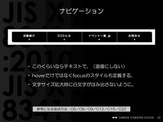 32
ナビゲーション
• このくらいならテキストで。（画像にしない）  
• hoverだけではなくfocusのスタイルも定義する。  
• 文字サイズ拡大時に白文字がはみ出さないように。
参考になる達成方法：C6／C8／C9／C12／C15／C22
 