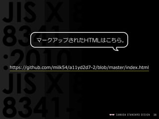 38
マークアップされたHTMLはこちら。
https://github.com/milk54/a11yd2d7-‐‑‒2/blob/master/index.html
 