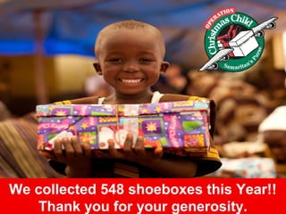 We collected 548 shoeboxes this Year!!
Thank you for your generosity.
 