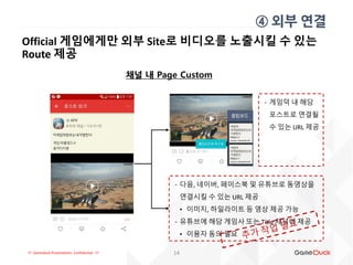 !!! Gameduck Presentation, Confidential !!!
Official 게임에게만 외부 Site로 비디오를 노출시킬 수 있는
Route 제공
14
채널 내 Page Custom
④ 외부 연결
－다음, 네이버, 페이스북 및 유튜브로 동영상을
연결시킬 수 있는 URL 제공
• 이미지, 하일라이트 등 영상 제공 가능
－유튜브에 해당 게임사 또는 Title 채널에 제공
• 이용자 동의 필요
－게임덕 내 해당
포스트로 연결될
수 있는 URL 제공
 