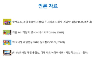 언론 자료
[리뷰] 모바일 게임 동영상, 이제 바로 녹화하세요 – 게임덕(`15.11, IT동아)
알서포트, 게임 플레이 저장/공유 서비스 자회사 '게임덕' 설립(`15.09, IT동아)
게임 SNS '게임덕' 공식 서비스 시작(`15.09, ZDNET)
왜 모바일 게임전용 SNS가 필요한가(`15.09, ZDNET)
 
