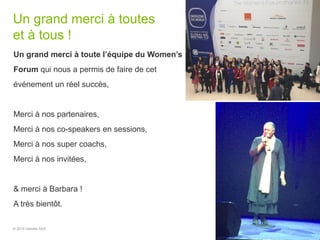 Un grand merci à toutes
et à tous !
© 2015 Deloitte SAS 12
Un grand merci à toute l’équipe du Women’s
Forum qui nous a permis de faire de cet
événement un réel succès,
Merci à nos partenaires,
Merci à nos co-speakers en sessions,
Merci à nos super coachs,
Merci à nos invitées,
& merci à Barbara !
A très bientôt.
 