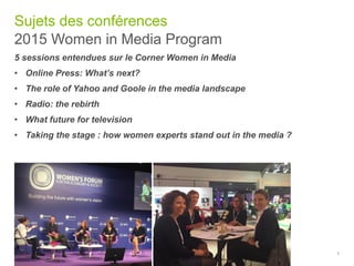 2015 Women in Media Program
Sujets des conférences
5 sessions entendues sur le Corner Women in Media
• Online Press: What’s next?
• The role of Yahoo and Goole in the media landscape
• Radio: the rebirth
• What future for television
• Taking the stage : how women experts stand out in the media ?
© 2015 Deloitte SAS 5
 