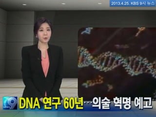 2013.4.25. KBS 9시 뉴스
60년전 DNA의 구조가 밝혀진 이래 2003년 인간 유전자 지도가 완성됐고, 현재는 어떤 유
전자가 어떤 질병을 일으키는지 분석도 80% 정도 끝난 상태입니다.
예를들어 13번 염...