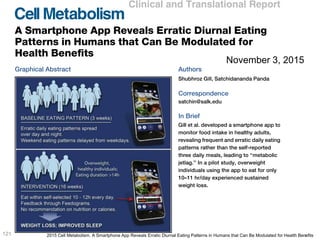 121 2015 Cell Metabolism. A Smartphone App Reveals Erratic Diurnal Eating Patterns in Humans that Can Be Modulated for Health Benefits
November 3, 2015
 