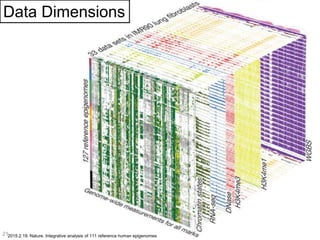 Data Dimensions
2015.2.19. Nature. Integrative analysis of 111 reference human epigenomes21
 