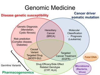 Disease genetic susceptibility
Cancer driver
somatic mutation
Pharmacogenomics
Targeted
Cancer Treatment
(EGFR)
Causal
Variant
Targeted Drug
(MODY-SU)
Drug Efficacy/Side Effect
Related Genotype
(CYP, HLA)
Genetic Diagnosis
(Mendelian,
Cystic fibrosis)
Molecular
Classification
- Prognosis
(Leukemia)
Hereditary
Cancer
(BRCA)
Microbiome
(Bacteria,
Virus)
Genomic Medicine
Risk prediction
(Complex disease,
Diabetes)
Germline Variants
Fetal DNA
 