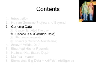 Contents
1. Introduction
2. Human Genome Project and Beyond
3. Genome Data
① Cancer Targeted Therapy
② Disease Risk (Common, Rare)
③ Pharmacogenomics
④ Others (Fetal DNA, Microbiome)
4. Sensor/Mobile Data
5. Electrical Health Records
6. National Healthcare Data
7. Medical Images
8. Biomedical Big Data + Artificial Intelligence
 