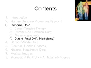Contents
1. Introduction
2. Human Genome Project and Beyond
3. Genome Data
① Cancer Targeted Therapy
② Disease Risk (Common, Rare)
③ Pharmacogenomics
④ Others (Fetal DNA, Microbiome)
4. Sensor/Mobile Data
5. Electrical Health Records
6. National Healthcare Data
7. Medical Images
8. Biomedical Big Data + Artificial Intelligence
 