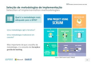 Seleção de metodologias de implementação
Selection of implementation methodologies
12
Source:	“BPM	Traveler’s	Guide”,	PMNSoft
Qual	é	a	metodologia	mais	
adequada	para	o	BPM?
Uma	metodologia	ágil	e	iterativa?
Uma	metodologia	tradicional	em	
cascata?
Mais	importante	do	que	a	escolha	da	
metodologia,	é	o	conceito	de iteraçãoe	
gestão	do	backlog.
 