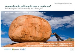 A organização está pronta para a mudança?
Is the organization ready for change?
6
Geralmente	não está,	mesmo	quando	há	motivação.
Mas	isto	é	verdade	para	qualquer	projeto,	
especialmente	quando	envolve	mudanças	substanciais	 de	TI	
 