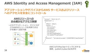 34
AWS Identity and Access Management (IAM)
アプリケーションやデバイスからAWS サービスおよびリソース
へのアクセスを安全にコントロール
AWSリソースへの
きめ細かなアクセス制御
•どのアプリケーション、デバイスが
どのAWSのリソースを利用できる
かを細かく設定可能
{
"Version": "2012-10-17",
"Statement": [
{
"Effect": "Allow",
"Action": [
"iot:Connect",
"iot:Publish",
"iot:Subscribe",
"iot:Receive",
"iot:GetThingShadow",
"iot:UpdateThingShadow"
],
"Resource": “"arn:aws:iot:us-east-1:123456789012:topic/foo/bar""
}
]
}
AWS IoTのfoo/barトピックに対する
接続、publish/subscribeを許可
 