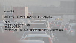 51
ケース3
車の走行データをクラウドにアップロードし、分析したい。
<要件>
・車載器は１万台の車に搭載
・回線は3Gを利用
・データは10秒に1回、100ms間隔で取得したデータをまとめて送信
 
