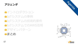 57
アジェンダ
イントロダクション
IoTシステムの事例
IoTシステムの技術的要件
IoTシステムでのAWS活用
デザインパターン
まとめ
 