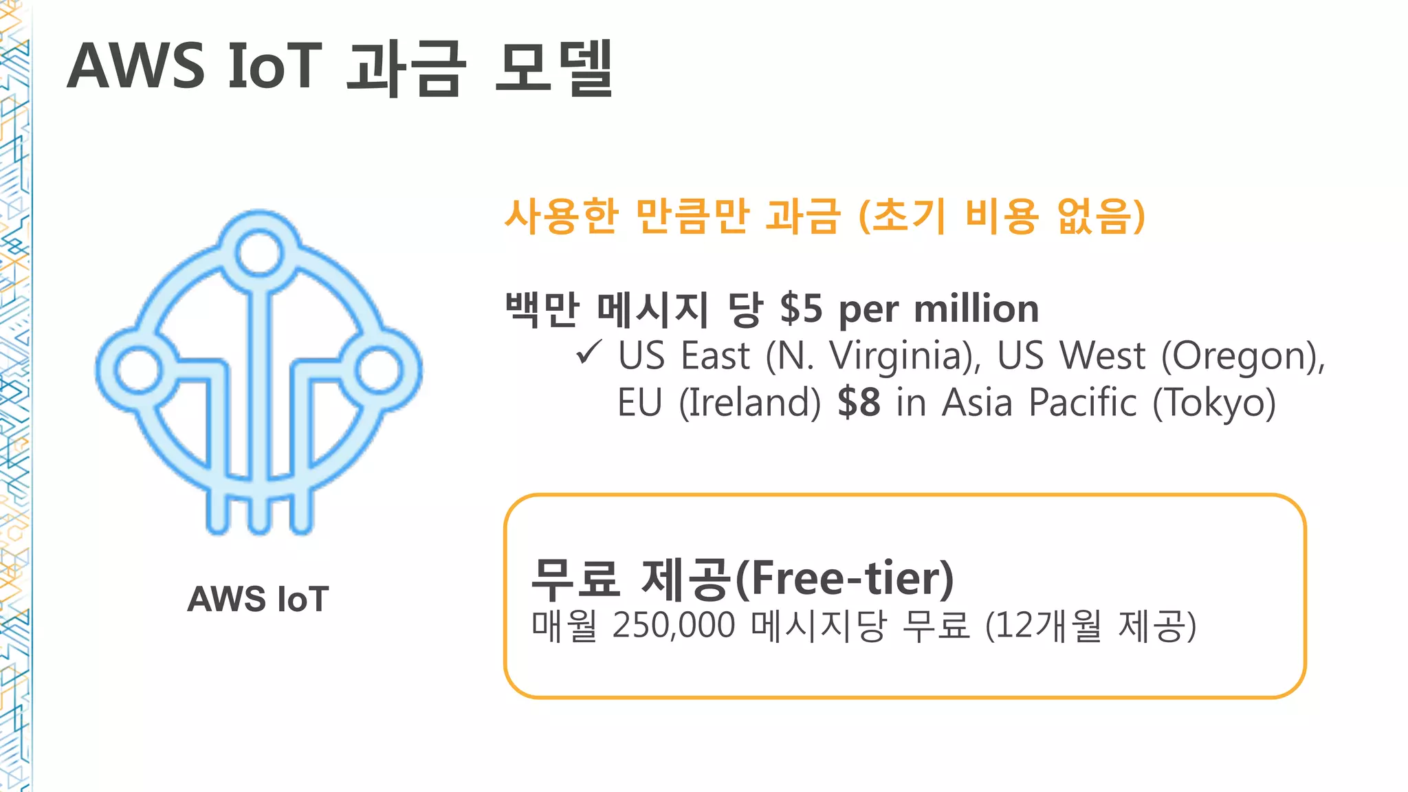 사용한 만큼만 과금 (초기 비용 없음)
백만 메시지 당 $5 per million
ü  US East (N. Virginia), US West (Oregon),
EU (Ireland) $8 in Asia Pacific (Tokyo)
AWS IoT 무료 제공(Free-tier)
매월 250,000 메시지당 무료 (12개월 제공)
AWS IoT 과금 모델
 