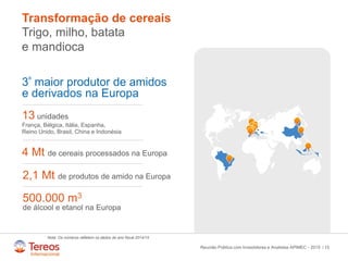 /
500.000 m3
de álcool e etanol na Europa
Transformação de cereais
15
3º maior produtor de amidos
e derivados na Europa
4 Mt de cereais processados na Europa
2,1 Mt de produtos de amido na Europa
13 unidades
França, Bélgica, Itália, Espanha,
Reino Unido, Brasil, China e Indonésia
Trigo, milho, batata
e mandioca
Reunião Pública com Investidores e Analistas APIMEC - 2015
Nota: Os números refletem os dados do ano fiscal 2014/15
 