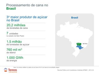 /
Processamento de cana no
Brasil
22
Brasil
São Paulo
3o maior produtor de açúcar
no Brasil
20,2 milhões
de toneladas de cana
7 unidades
no estado de São Paulo
1,5 milhão
de toneladas de açúcar
760 mil m3
de etanol
1.000 GWh
de energia
Reunião Pública com Investidores e Analistas APIMEC - 2015
Nota: Os números refletem os dados do ano fiscal 2014/15 em base de consolidação integral
 