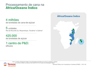 /
Processamento de cana na
África/Oceano Índico
26
4 milhões
de toneladas de cana-de-açúcar
5 unidades
Ilha da Reunião (2), Moçambique, Tanzânia1 e Quênia1
425.000
de toneladas de açúcar
1 centro de P&D:
eRcane
África/Oceano Índico
Nota: (1)Tereos Internacional detém uma participação minoritária nas usinas na Tanzânia e Quênia
Os números refletem os dados do ano fiscal 2014/15 em base de consolidação integral
Reunião Pública com Investidores e Analistas APIMEC - 2015
 
