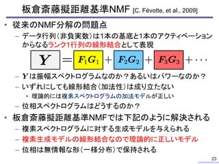 板倉斎藤擬距離基準NMF [C. Févotte, et al., 2009]
• 従来のNMF分解の問題点
– データ行列（非負実数）は1本の基底と1本のアクティベーション
からなるランク1行列の線形結合として表現
– は振幅スペクトログラム...