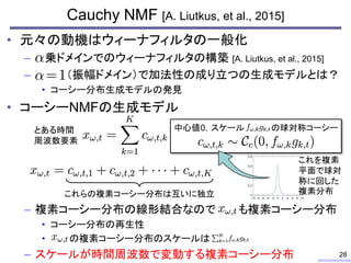 Cauchy NMF [A. Liutkus, et al., 2015]
• 元々の動機はウィーナフィルタの一般化
– 乗ドメインでのウィーナフィルタの構築 [A. Liutkus, et al., 2015]
– （振幅ドメイン）で加法性の成り立つの生成モデルとは？
• コーシー分布生成モデルの発見
• コーシーNMFの生成モデル
– 複素コーシー分布の線形結合なので も複素コーシー分布
• コーシー分布の再生性
• の複素コーシー分布のスケールは
– スケールが時間周波数で変動する複素コーシー分布 28
とある時間
周波数要素
中心値0，スケール の球対称コーシー
これを複素
平面で球対
称に回した
複素分布これらの複素コーシー分布は互いに独立
 