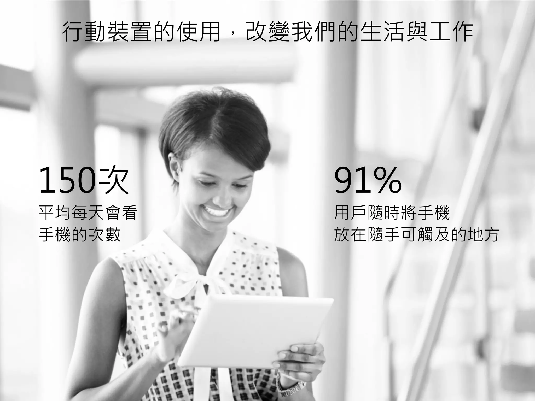 行動裝置的使用，改變我們的生活與工作
150次
平均每天會看 
手機的次數
91%
用戶隨時將手機 
放在隨手可觸及的地方
 