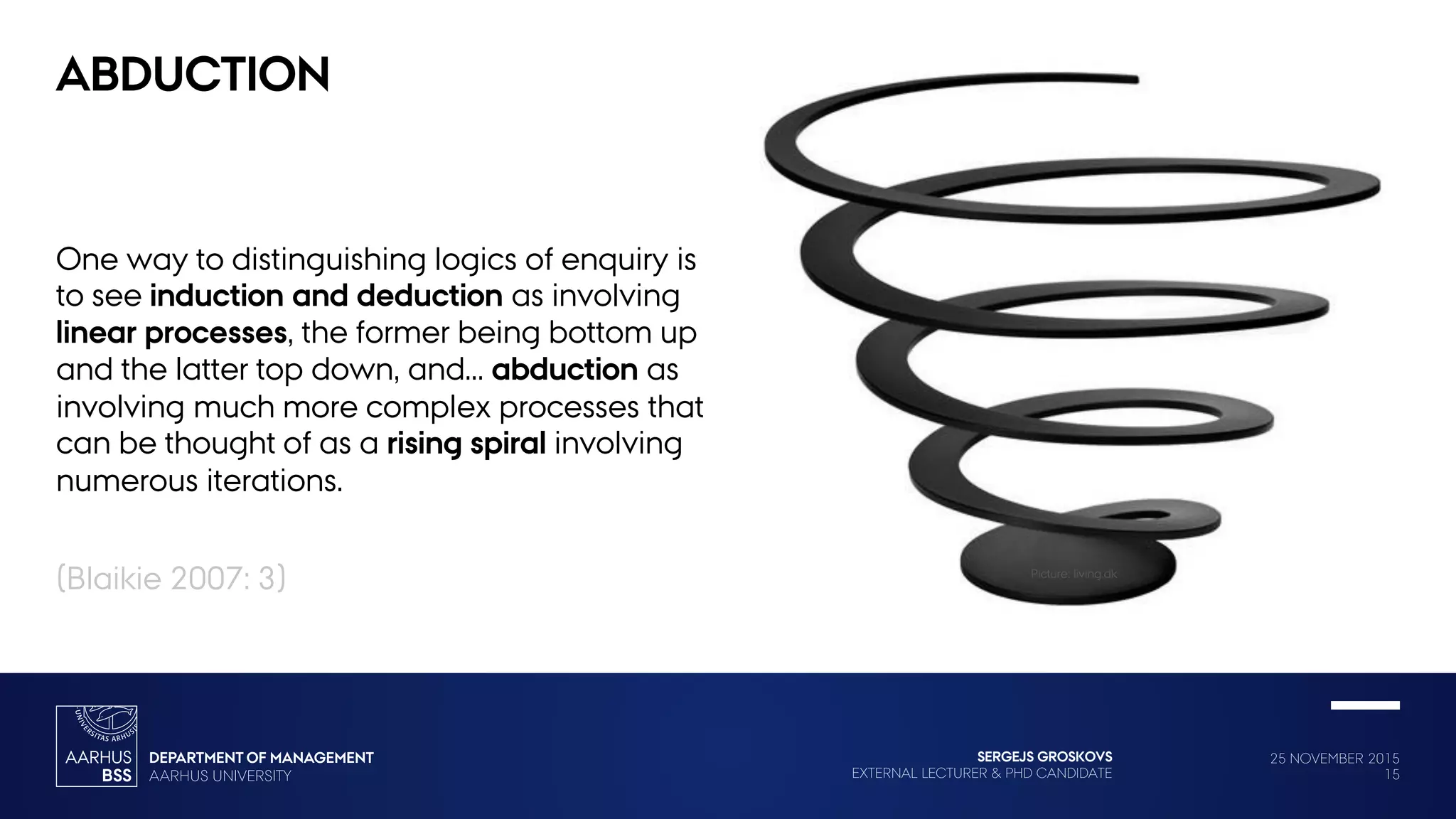 25 NOVEMBER 2015
15
SERGEJS GROSKOVS
EXTERNAL LECTURER & PHD CANDIDATE
ABDUCTION
One way to distinguishing logics of enquiry is
to see induction and deduction as involving
linear processes, the former being bottom up
and the latter top down, and… abduction as
involving much more complex processes that
can be thought of as a rising spiral involving
numerous iterations.
(Blaikie 2007: 3) Picture: living.dk
 