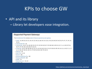 KPIs to choose GW
• API and its library
– Library let developers ease integration.
https://github.com/activemerchant/active_merchant
 