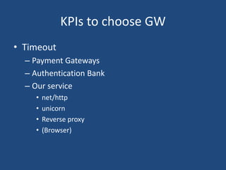 KPIs to choose GW
• Timeout
– Payment Gateways
– Authentication Bank
– Our service
• net/http
• unicorn
• Reverse proxy
• (Browser)
 