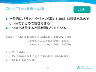 ChainでLinkをまとめる
l  ⼀一般的にパラメータ付きの関数（Link）は複数あるので、
Chainでまとめて管理理できる
l  Chainを継承すると再利利⽤用しやすくなる
model = Chain(embed=L.EmbedID(10000, 100),
layer1=L.Linear(100, 100),
layer2=L.Linear(100, 10000))
x = Variable(...)
h = F.relu(model.layer1(model.embed(x)))
y = model.layer2(h)
27	
v1.5~
 