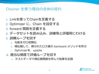 Chainer を使う場合の全体の流流れ
1.  Linkを使ってChainを定義する
2.  Optimizer  に、Chain を設定する
3.  forward 関数を定義する
4.  データセットを読み込み、訓練⽤用と評価⽤用にわける
5.  訓練ループを回す
a.  勾配をゼロ初期化
b.  順伝搬して、得られたロス値の backward メソッドを呼ぶ
c.  Optimizerを、update
6.  適当な頻度度で評価ループを回す
a.  テストデータで順伝搬関数を呼んで結果を記録
31	
 