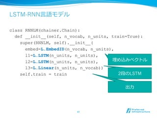 LSTM-RNN⾔言語モデル
class RNNLM(chainer.Chain):
def __init__(self, n_vocab, n_units, train=True):
super(RNNLM, self).__init__(
embed=L.EmbedID(n_vocab, n_units),
l1=L.LSTM(n_units, n_units),
l2=L.LSTM(n_units, n_units),
l3=L.Linear(n_units, n_vocab))
self.train = train
41	
埋め込みベクトル
2段のLSTM
出⼒力力
 