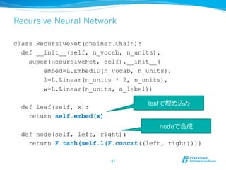 Recursive Neural Network
class RecursiveNet(chainer.Chain):
def __init__(self, n_vocab, n_units):
super(RecursiveNet, self).__init__(
embed=L.EmbedID(n_vocab, n_units),
l=L.Linear(n_units * 2, n_units),
w=L.Linear(n_units, n_label))
def leaf(self, x):
return self.embed(x)
def node(self, left, right):
return F.tanh(self.l(F.concat((left, right))))
47	
leafで埋め込み
nodeで合成
 