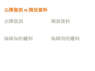 公開資訊 vs 開放資料
公開資訊
保障知的權利
開放資料
保障用的權利
 