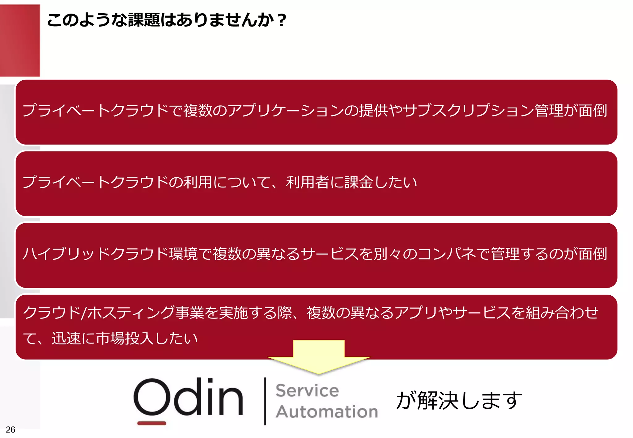 このような課題はありませんか？
プライベートクラウドで複数のアプリケーションの提供やサブスクリプション管理が面倒
プライベートクラウドの利用について、利用者に課金したい
ハイブリッドクラウド環境で複数の異なるサービスを別々のコンパネで管理するのが面倒
クラウド/ホスティング事業を実施する際、複数の異なるアプリやサービスを組み合わせ
て、迅速に市場投入したい
が解決します
26
 