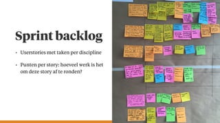 • Userstories met taken per discipline
• Punten per story: hoeveel werk is het
om deze story af te ronden?
Sprint backlog
 